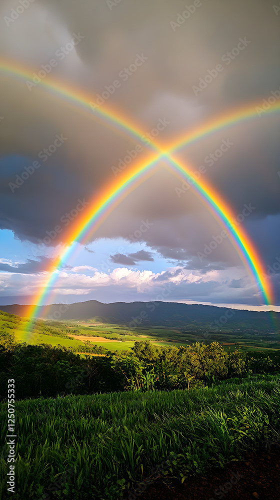 A Rare Quadruple Rainbow Arcs Across a Serene Landscape, Capturing Nature's Majestic Light Spectrum in a Breathtaking Display A Rare Quadruple Rainbow Arcs Across a Serene Landscape, Capturing Nature's Majestic Light Spectrum in a Breathtaking Display