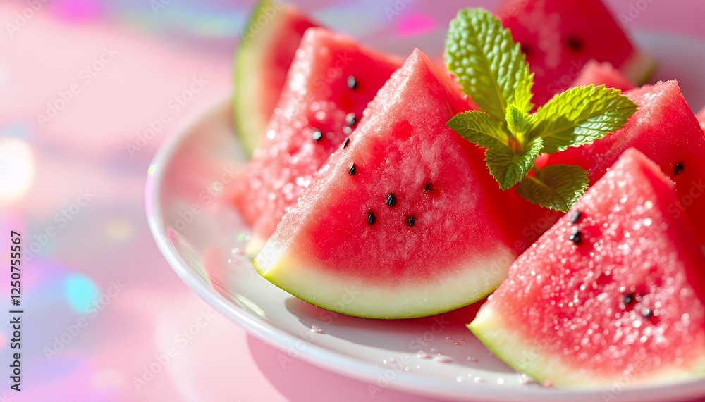Refreshing Slices of Watermelon with Mint on Pink Background Refreshing Slices of Watermelon with Mint on Pink Background