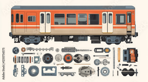 Subway train icon of metro mechanic concept with railcar parts. Underground railway transport poster with parts of engine, wheel and axle, door, gear and window for rapid transit transportation design