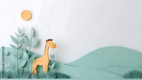 Cheerful and whimsical 3D featuring safari animals like giraffe in a green jungle themed border  The colorful and minimalist design creates a playful and creative background or