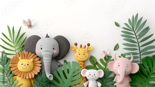 Colorful 3D of a group of happy smiling animal characters including elephant giraffe lion and bear surrounded by tropical leaves and plants in a decorative border design