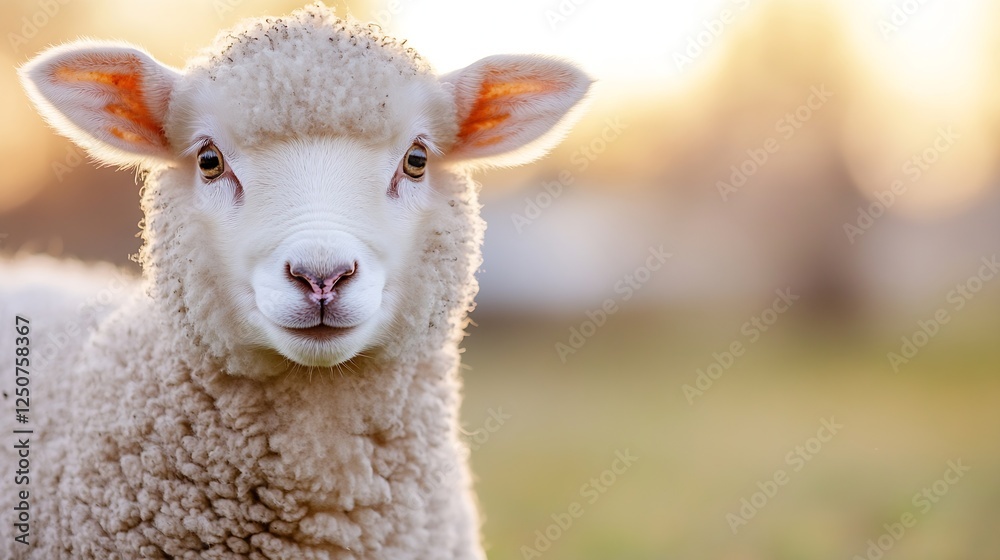 Fototapeta premium A closeup of an adorable sheep smiling in a green meadow during golden hour : Generative AI