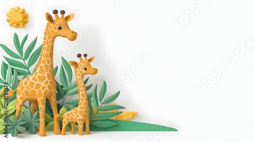 Playful Giraffes Surrounded by a Vibrant Tropical Leaf Border in a Stylized 3D for Nature Inspired Designs and Decor photo