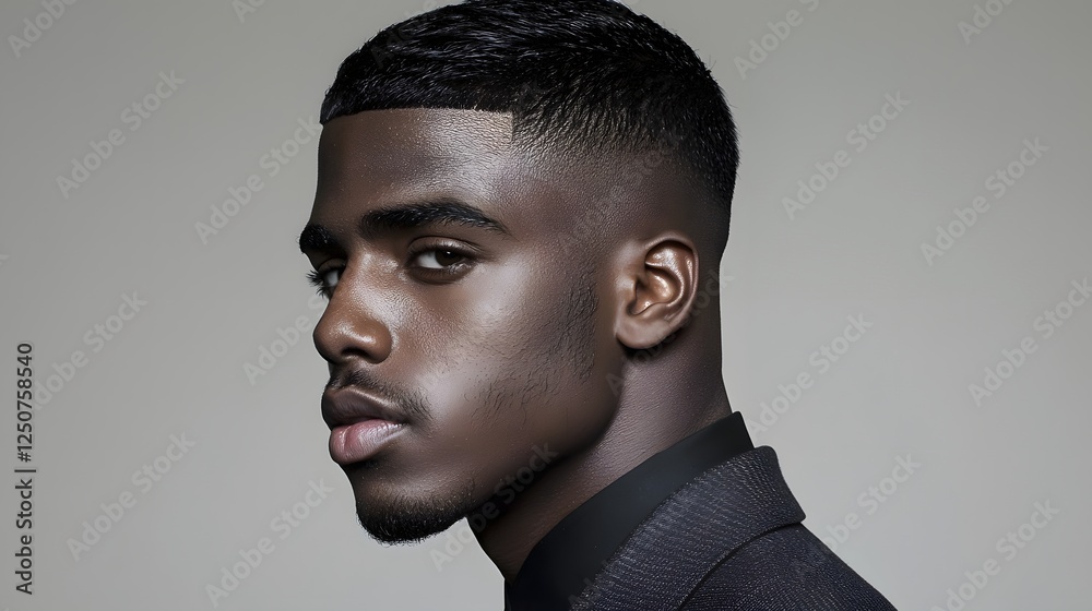 Obraz premium studio portrait of a confident well dressed young man wearing a tailored suit and sporting a stylish fade haircut The soft dramatic lighting creates a sophisticated moody atmosphere