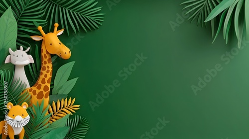Vibrant 3D of a colorful jungle scene featuring animal friends like a giraffe and rabbit surrounded by lush tropical foliage leaves and mushrooms in a fantasy like environment with text space
