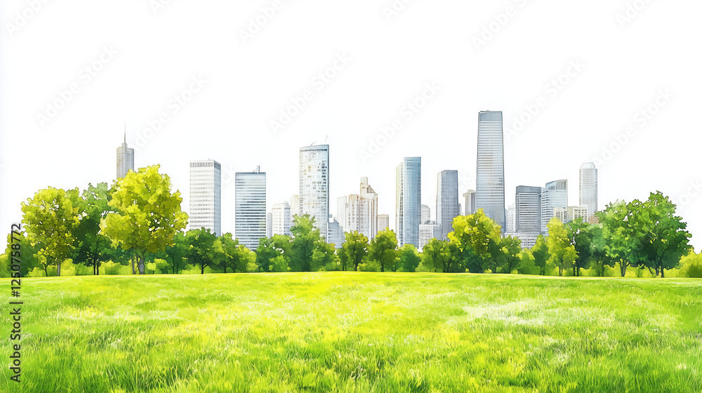 Fototapeta premium Lush green park landscape with grassy field, trees, and modern skyscrapers on white background. Urban skyline with open meadow and office buildings in the distance, perfect for eco-friendly and citysc