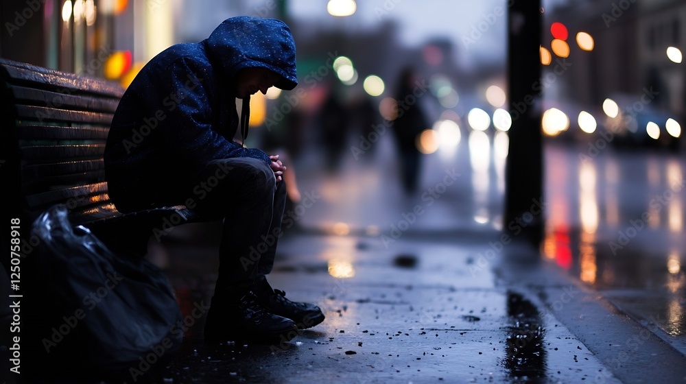 Obraz premium Rainy Night with Person in Hood Awaiting on Wet Urban Street : Generative AI