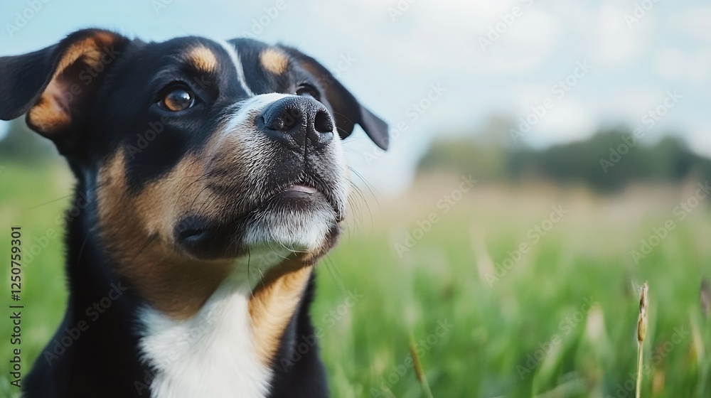 Closeup of a thoughtful dog posing in a grassy field with a tranquil expression : Generative AI Closeup of a thoughtful dog posing in a grassy field with a tranquil expression : Generative AI