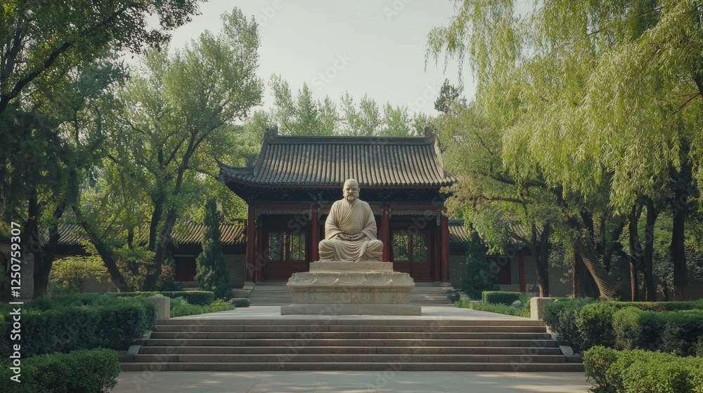 Serene Outdoor Scene with a Harsh Stone Statue in a Garden Setting Serene Outdoor Scene with a Harsh Stone Statue in a Garden Setting