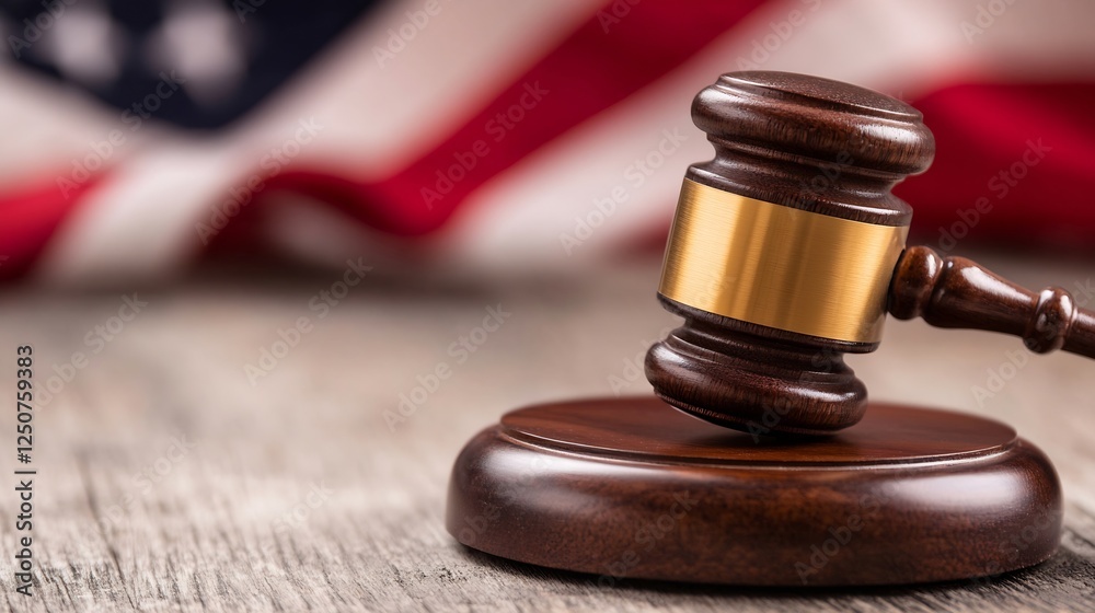 Gavel resting on a wooden surface with American flag in the background representing justice : Generative AI Gavel resting on a wooden surface with American flag in the background representing justice : Generative AI