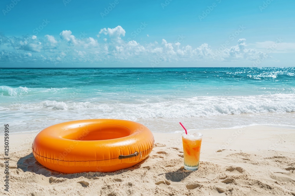 Enjoying a refreshing drink by the bright orange ring on a sunny beach Enjoying a refreshing drink by the bright orange ring on a sunny beach