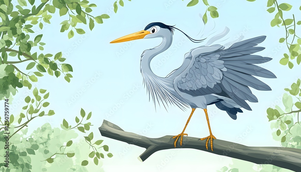 Fototapeta premium Grey Heron Perched on Branch Amongst Green Leaves