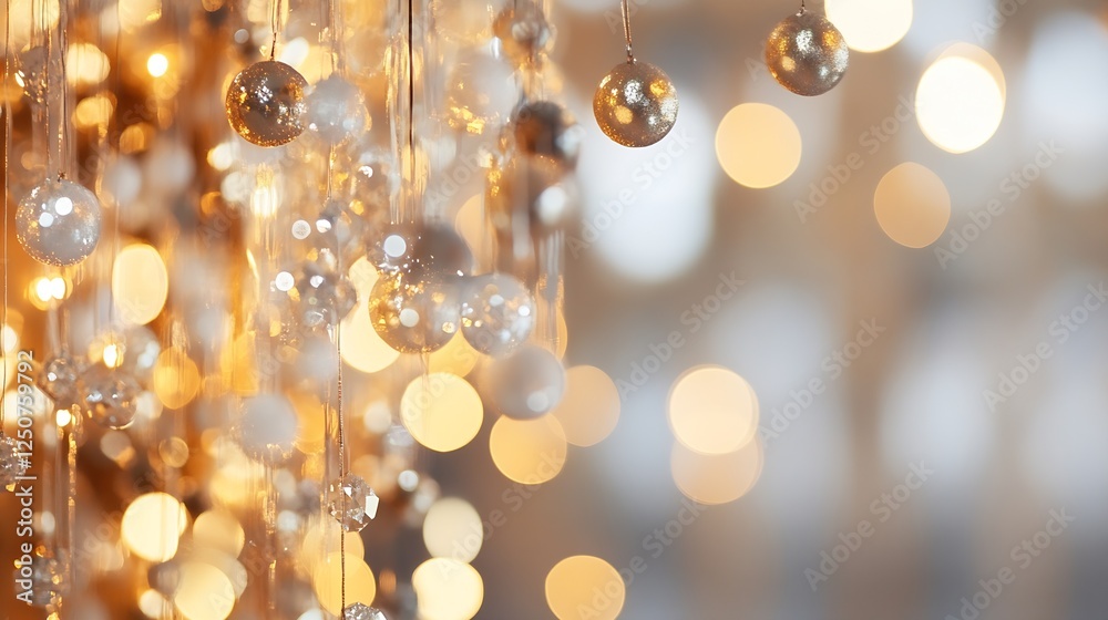 A stunning closeup of elegant chandelier with shimmering beads and vibrant bokeh background in warm tones : Generative AI A stunning closeup of elegant chandelier with shimmering beads and vibrant bokeh background in warm tones : Generative AI