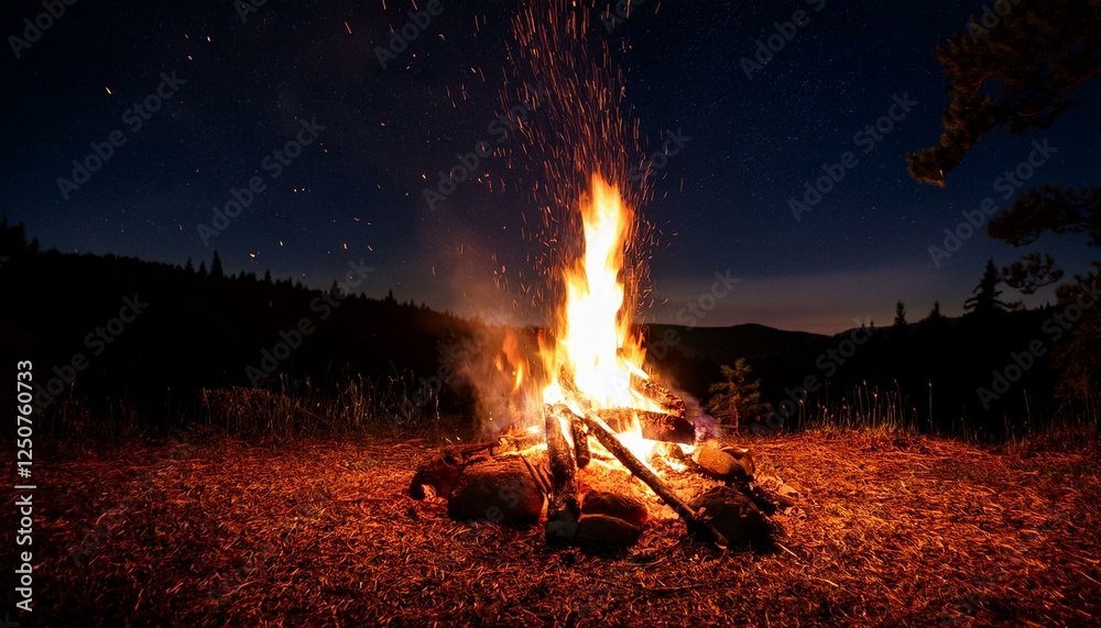 Campfire burning at night, flame and fire sparkles, black sky, copy space