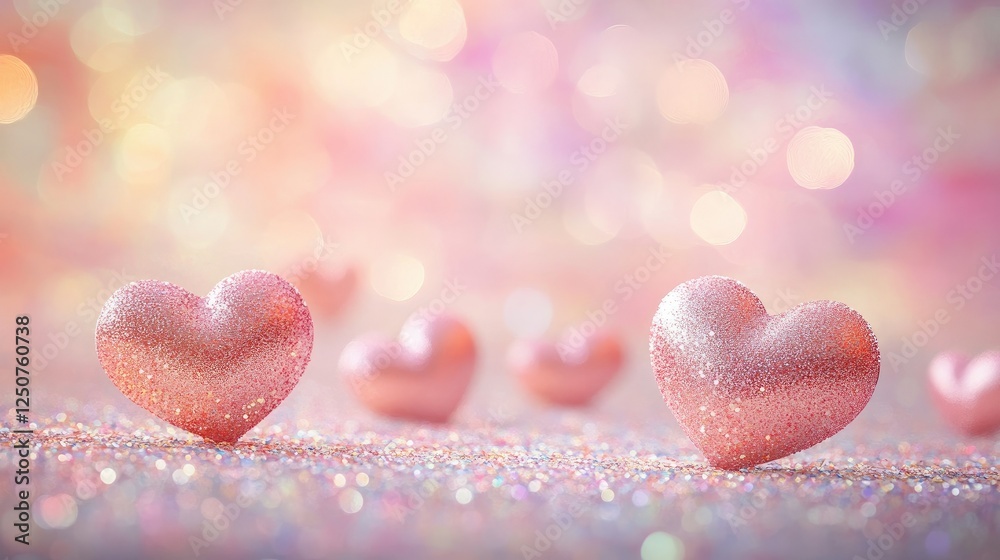 Obraz premium Sparkling hearts gently floating on a dreamy pastel surface, creating a warm and magical atmosphere.