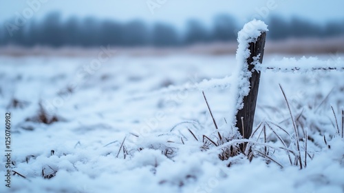 Snowcovered fence post surrounded by frosty field in winter landscape : Generative AI photo