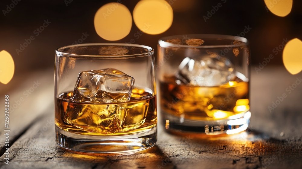 Two whiskey glasses filled with ice cubes and rich amber liquid, placed on a rustic wooden table with soft lighting. Two whiskey glasses filled with ice cubes and rich amber liquid, placed on a rustic wooden table with soft lighting.