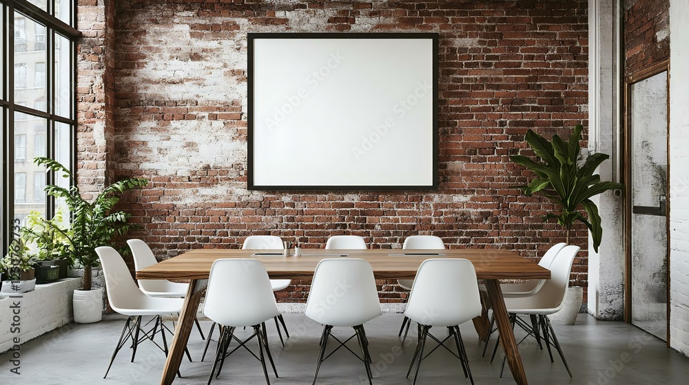 Modern conference room with a wooden table, white chairs, and exposed brick walls, featuring large windows and plants for a stylish atmosphere. Modern conference room with a wooden table, white chairs, and exposed brick walls, featuring large windows and plants for a stylish atmosphere.