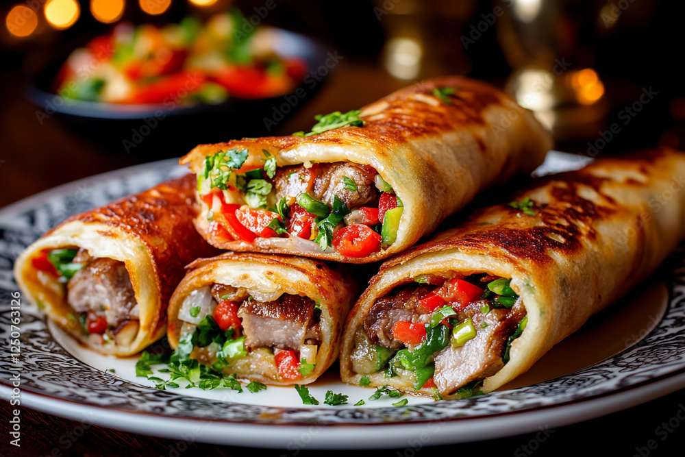 Golden-brown crispy Chinese pancake rolls filled with savory pork and vegetables, with a warm Chinese restaurant ambiance in the background Golden-brown crispy Chinese pancake rolls filled with savory pork and vegetables, with a warm Chinese restaurant ambiance in the background