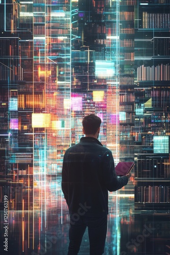 Exploring a digital library filled with colorful virtual books and advanced technology