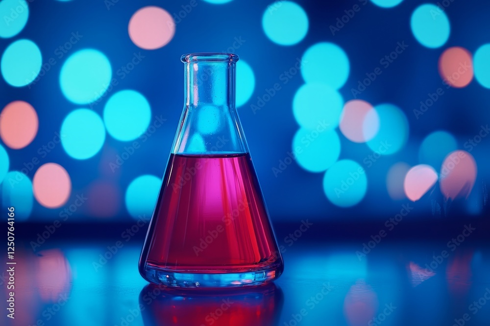 Colorful glass flask filled with liquid illuminated by decorative lights Colorful glass flask filled with liquid illuminated by decorative lights