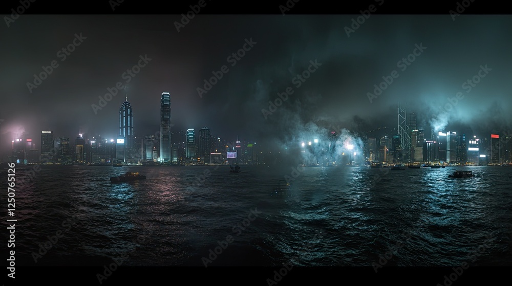 Fototapeta premium Majestic Night Skyline of Hong Kong with Fog and Vibrant Lights