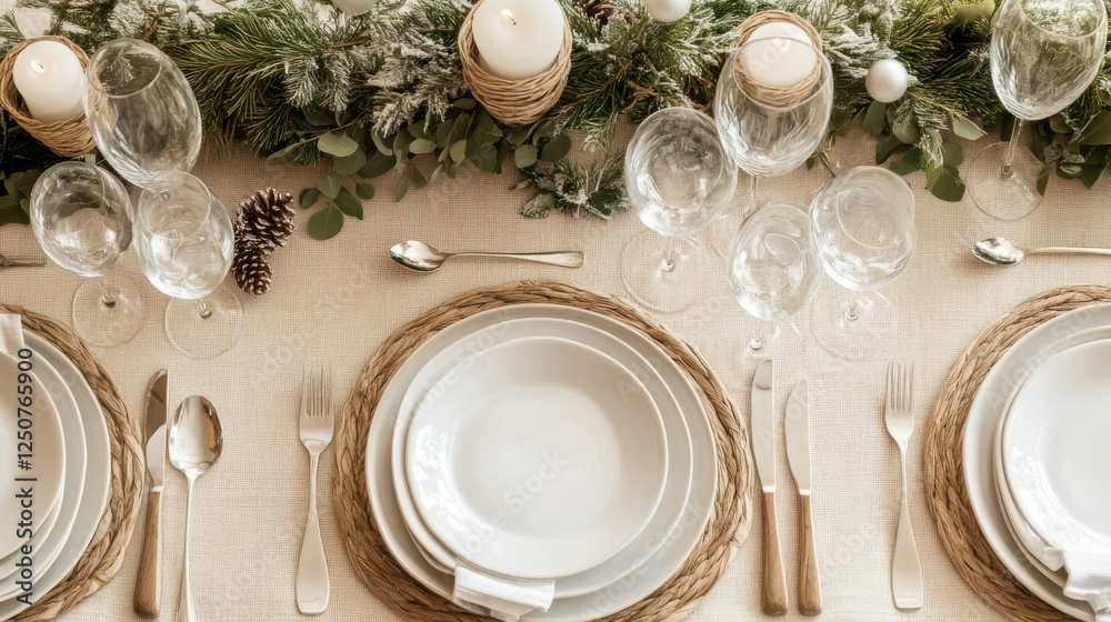 Elegant dining table setting with greenery, candles, and woven placemats for special occasions Elegant dining table setting with greenery, candles, and woven placemats for special occasions