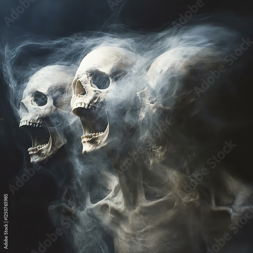 Eerie skulls emerge from swirling smoke, creating a haunting atmosphere. Perfect for themes of death, horror, and the supernatural.