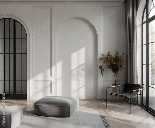 Aesthetic elegant minimalist modern interior design. Clear mock up empty wall for decoration in the apartment. Copy space in the room.