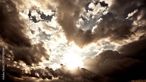 Dramatic cloudy sky with rays of sunlight breaking through enhancing the beauty of nature and atmosphere : Generative AI photo