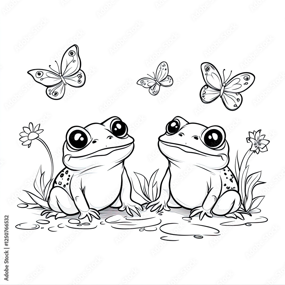 Fototapeta premium Charming Toad and Butterfly Coloring Page Simple Amphibian and Insect Illustration