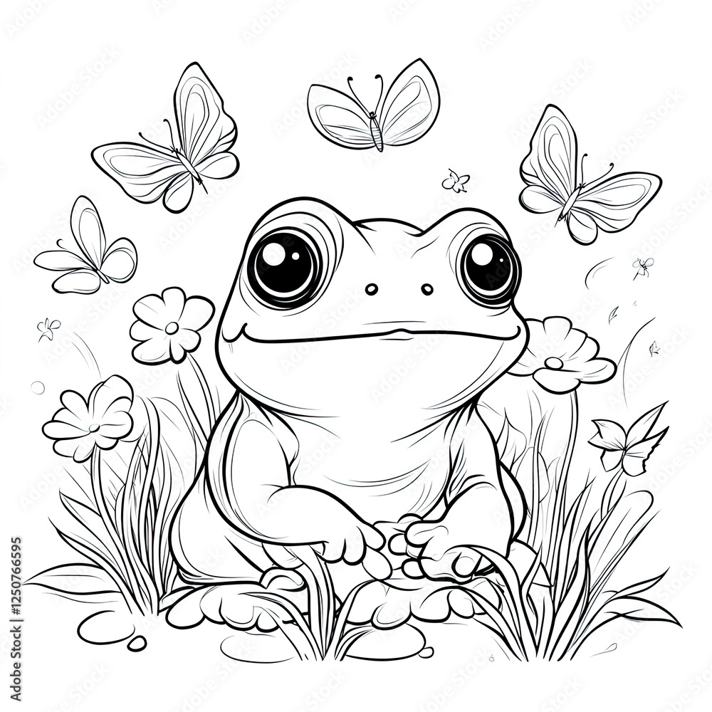 Fototapeta premium Charming Toad and Butterfly Coloring Book Page Simple Design for Creative Fun