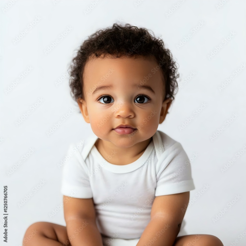 Adorable baby boy with curly hair sitting against a clean background, showcasing innocence and charm in a simple white onesie. Adorable baby boy with curly hair sitting against a clean background, showcasing innocence and charm in a simple white onesie.