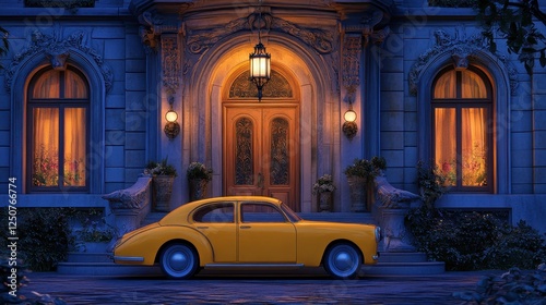 Classic Yellow Car Parked Before Elegant Mansion At Night