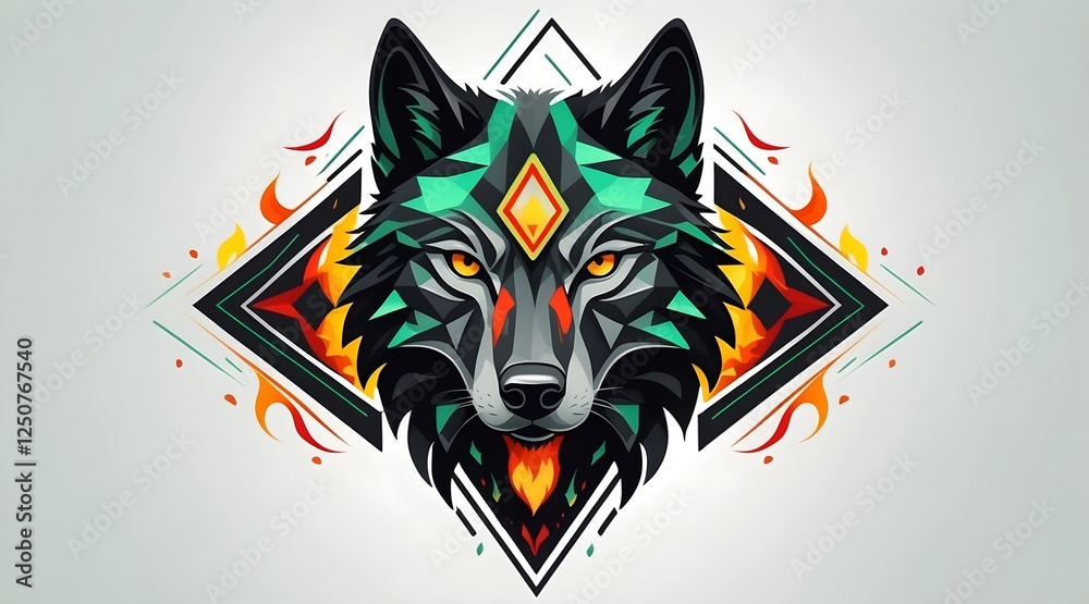 geometric design of black wolf face with light green geometric designs, yellow and red fire flames around at white backdrop. wolf tattoo design geometric design of black wolf face with light green geometric designs, yellow and red fire flames around at white backdrop. wolf tattoo design