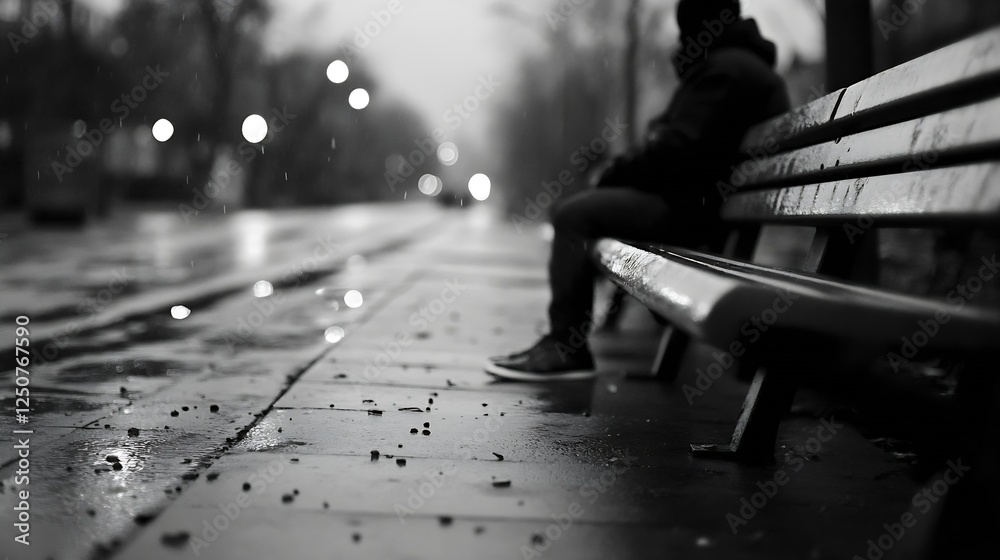 Obraz premium A blurred view of a person sitting alone on a park bench during a rainy day capturing an atmosphere of solitude : Generative AI