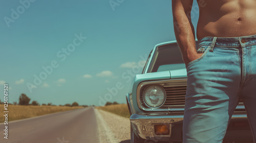man standing by vintage car on roadside.