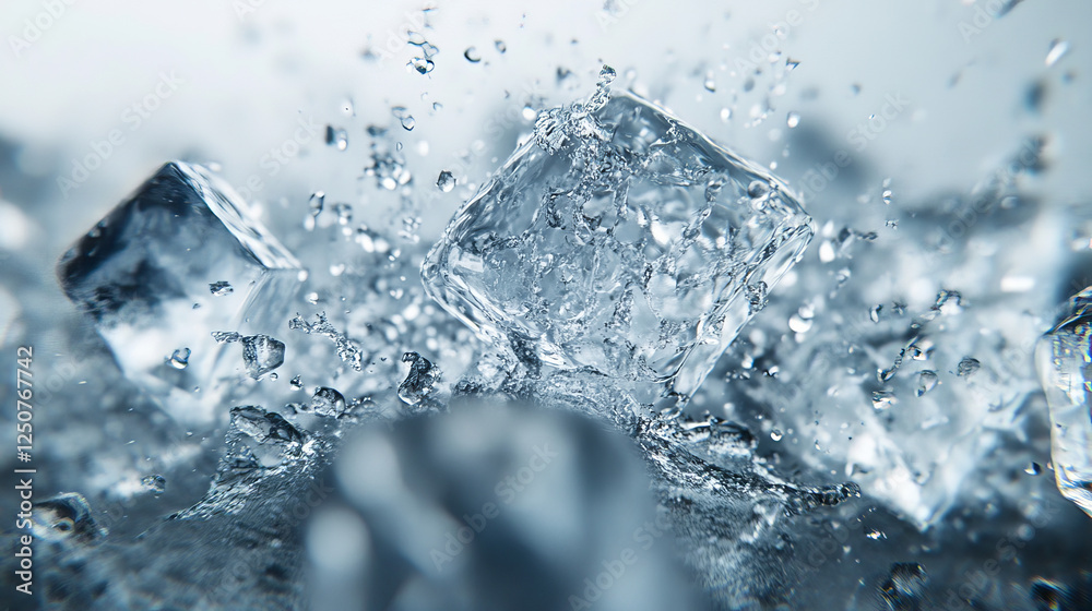 Realistic ice cubes and water wave splashes. Frozen vector crystals in transparent liquid splashing. Freeze melting ice blocks and scatter droplets. Isolated 3d water flow with splatters Realistic ice cubes and water wave splashes. Frozen vector crystals in transparent liquid splashing. Freeze melting ice blocks and scatter droplets. Isolated 3d water flow with splatters