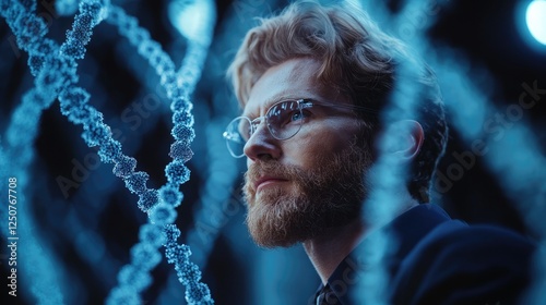 Young scientist explores DNA structure in a modern laboratory during a nighttime research session