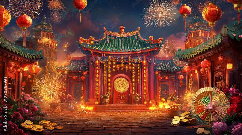 Chinese Lunar New Year greeting banner with Spring Festival temple. Oriental lantern, god of prosperity and pagoda, firework, fan and lucky coin knot ornament for asian holidays festive card design Chinese Lunar New Year greeting banner with Spring Festival temple. Oriental lantern, god of prosperity and pagoda, firework, fan and lucky coin knot ornament for asian holidays festive card design