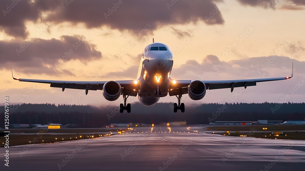 Airplane taking off dramatically at sunset with lights reflecting on a wet runway : Generative AI