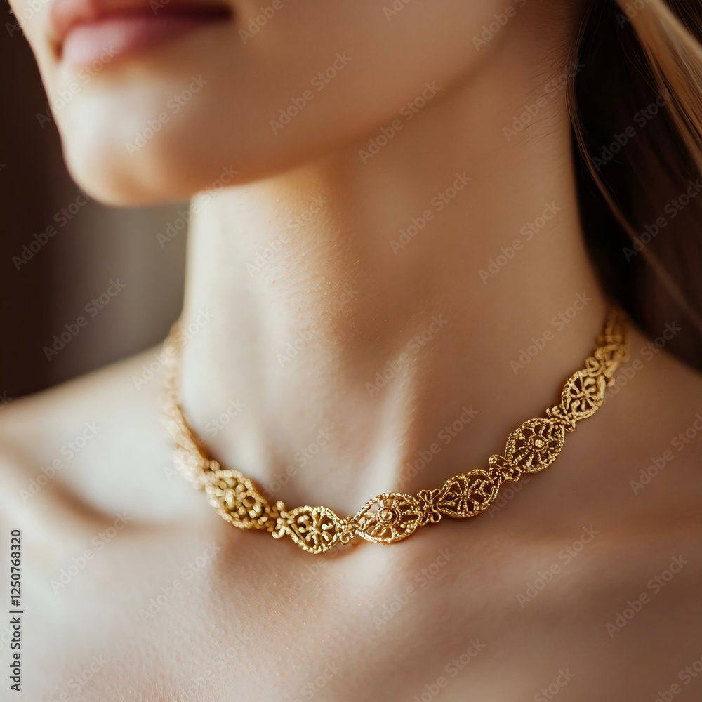 Elegant gold necklace showcasing intricate design, perfect for luxury fashion and jewelry photography, worn by a stylish woman. Elegant gold necklace showcasing intricate design, perfect for luxury fashion and jewelry photography, worn by a stylish woman.