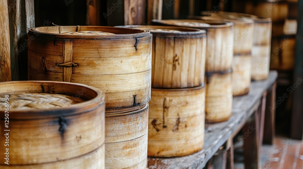 Traditional Bamboo Steamers on Wooden Shelf in Asian Market Traditional Bamboo Steamers on Wooden Shelf in Asian Market