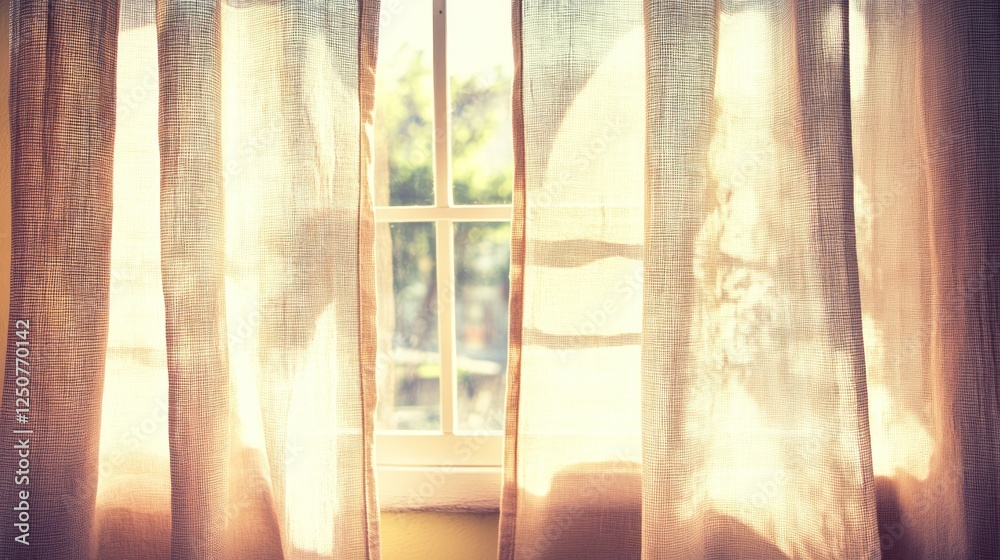 Sunlight streams through sheer curtains illuminating a window. Sunlight streams through sheer curtains illuminating a window.