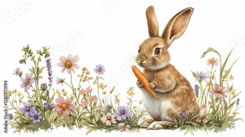 Watercolor painting of a brown rabbit holding a carrot surrounded by wildflowers