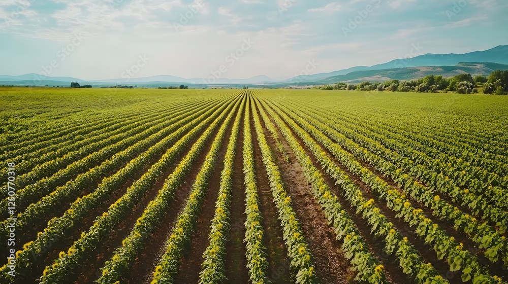 Lush agricultural field stretching to horizon, green crops in neat rows, tranquil rural scene for farming themes.