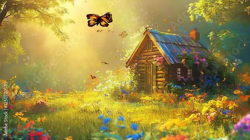 Monarch butterflies are flying around a small wooden cabin surrounded by colorful wildflowers in a sunny forest clearing, creating a peaceful and magical atmosphere