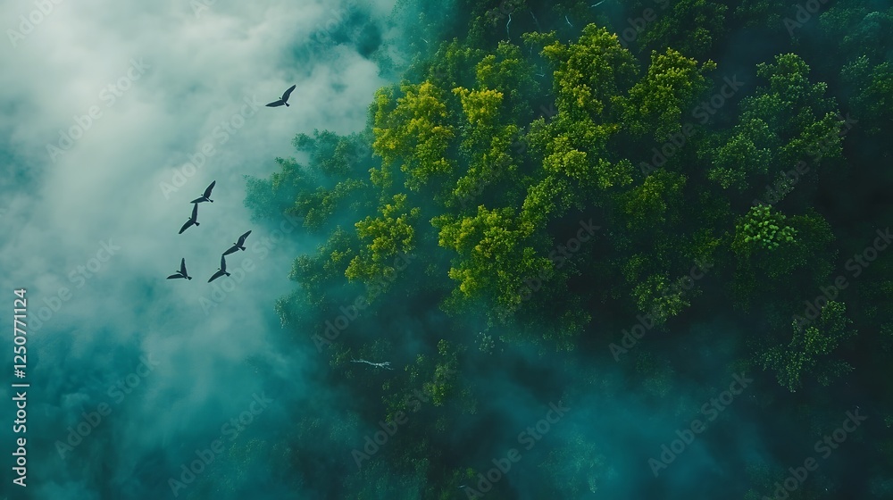 Misty green forest canopy, lush trees shrouded in fog, tranquil natural setting perfect for relaxation and mindfulness.