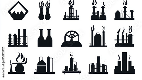 Petroleum refinery and chemical industrial plant icons set with silhouettes of flare stacks, pipes and flames above them, for oil and gas industry theme photo