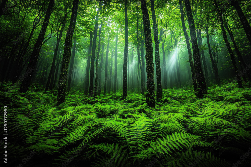 Sunbeams illuminate lush ferns on forest floor